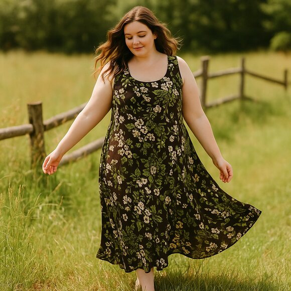 Studio I Size 14 Vintage 90s Brown Green Floral Maxi Dress Boho Cottage Earthy - Picture 1 of 7